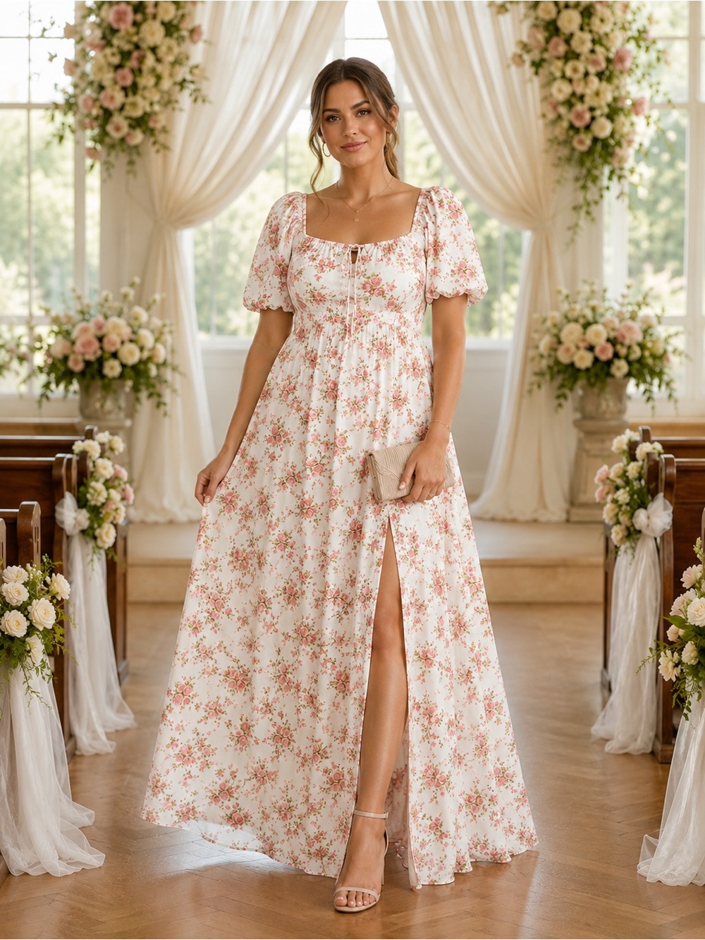 NWOT - M - MARTHEA - Floral Puff-Sleeve Maxi Dress in Blush Pink